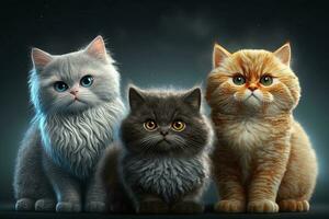 Three cute cats with beautiful eyes and nice colors, generated by AI photo