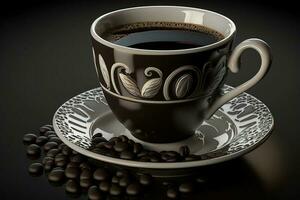 A cup of black coffee, with scattered coffee beans, is generated by AI. photo