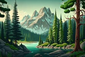 A cartoon background of mountains, rivers, and trees generated by AI photo