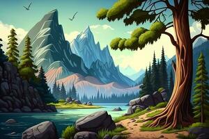 un dibujos animados antecedentes de montañas, ríos, y arboles generado por ai foto