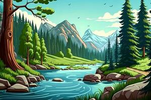 A cartoon background of mountains, rivers, and trees generated by AI photo