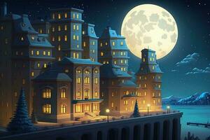 ciudad luces y de muchos pisos edificios con el Luna generado por ai foto
