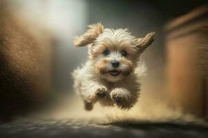 pequeño perro saltando con un borroso fondo, generado por ai foto