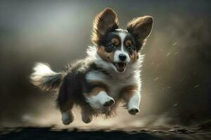 small dog jumping with a blurred background, generated by AI photo