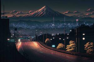 citylight background with view mount fuji generated by ai photo