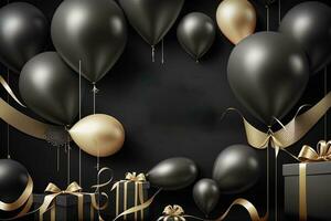 background balloons and gifts black and gold color generated by ai photo