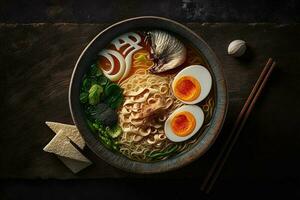 Flat ramen in a bowl setting, generated by AI photo