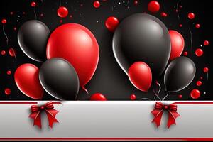 Background with red and black balloons and gifts, generated by AI photo