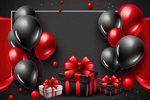 Background with red and black balloons and gifts, generated by AI photo