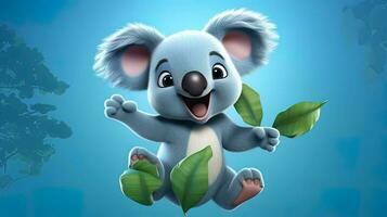 3D illustration of a cute koala with leaves, generated by AI photo