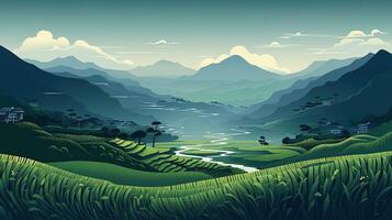 Illustration of green terraced rice fields with a mountain background, generated by AI photo