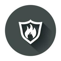 Fire warning sign shield. Fire flame vector illustration with long shadow.