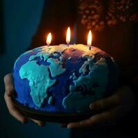 humano manos sostener un pastel con el continentes de el planeta. mundo mapa. pastel día. mundo tierra día. ai generado foto