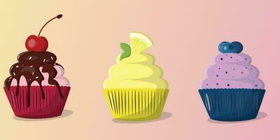 Cupcake set with cherries lemon and blueberries vector