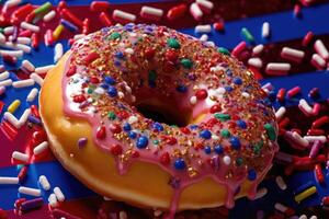 Close up of a doughnut sprinkled with frosting and red blue candy bits. Generative AI photo