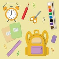 Stationery for School and Kids Backpack Cartoon Vector Set