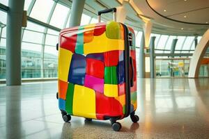 Colorful luggage suitcase at the airport. Travel concept. Generative AI photo