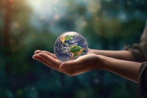 Man hands holding transparent earth globe over blurred background. photo