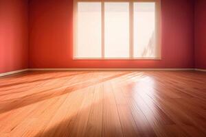 Living room with sunlight shine through a sliding door, wooden floor, red wall. Generative AI photo