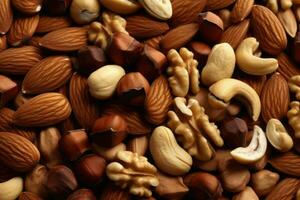 Natural background made from different kinds of nuts, top view. Generative AI photo