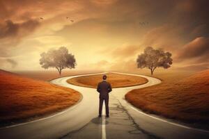 Male walking on the road and find two signpost with two choices to success or failure. photo