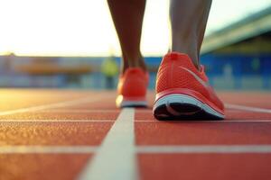 Close up view of runner sport shoes sprint running on track. Training for marathon. photo