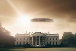 Alien UFO spaceship fly above White House government of USA with sun light. Generative AI photo