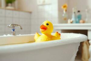 Yellow duck toy in the bathtub. Bath time concept. Generative AI photo