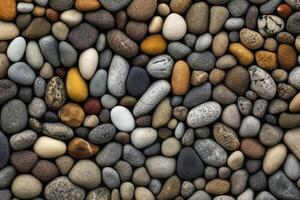 Pebbles stone texture on the ground. Stones pattern. Generative AI photo