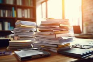 Office desk with an organized stack of papers. Unfinished documents on office desk. Generative AI photo