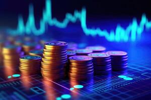 Coins background with a finance graph. Showcasing growth and success in the market. photo