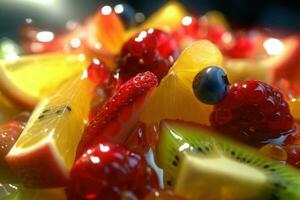 Extreme close up of an juicy fruit salad. Background of healthy fresh fruits. Generative AI photo