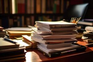 Office desk with an organized stack of papers. Unfinished documents on office desk. photo