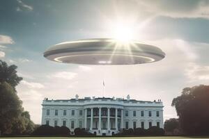 Alien UFO spaceship fly above White House government of USA with sun light. Generative AI photo