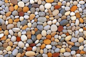 Pebbles stone texture on the ground. Stones pattern. Generative AI photo