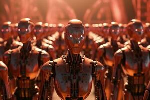 Humanoid robots army or group of cyborgs in factory. Generative AI photo