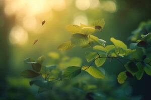 Fresh and green leaves green bokeh on blurred green background. Mock up. Generative AI photo