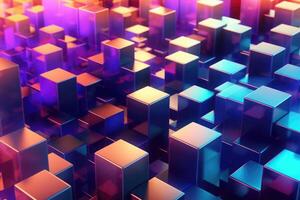 Cubes with neon glow on dark science technology background. Abstract background. photo
