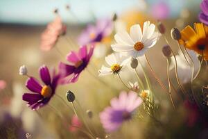 flor prado debajo un verano cielo en color campo. generativo ai ilustración foto
