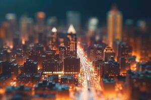 Tilt shift blur effect. Abstract futuristic cityscape with modern skyscrapers. Generative AI photo