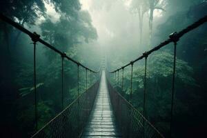 A suspension bridge in the foggy jungle. Generative AI photo