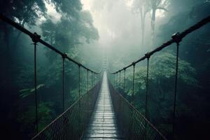 A suspension bridge in the foggy jungle. photo