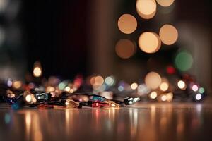 Festive background garland bokeh. Colorful string lights on a dark background. photo