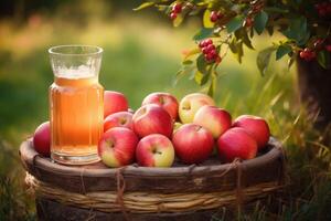 Delicious ripe apples and glass of juice on apple garden background in summer. Generative AI photo