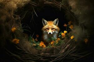 A red fox is emerging out of its den. Realistic still life with dramatic lighting. Generative AI photo