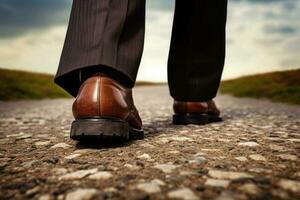 Businessman walk on road, close up shoes. Male shoes and trousers in walking position. Generative AI photo