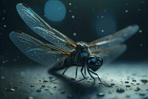 A macro shot of a dragonfly with delicate transparent wings on a blurred background. Generative AI photo