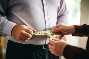 A fat man in a shirt is measuring his waist with a measuring tape. Generative AI photo