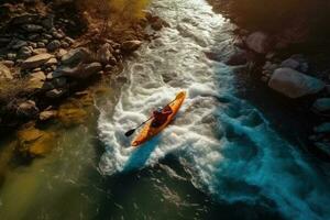 Aerial top view of extreme sport. Kayak sails mountain river. Rafting, kayaking. Generative AI photo