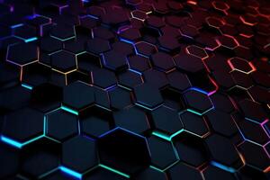 Dark hexagon abstract technology background with colored bright flashes. photo